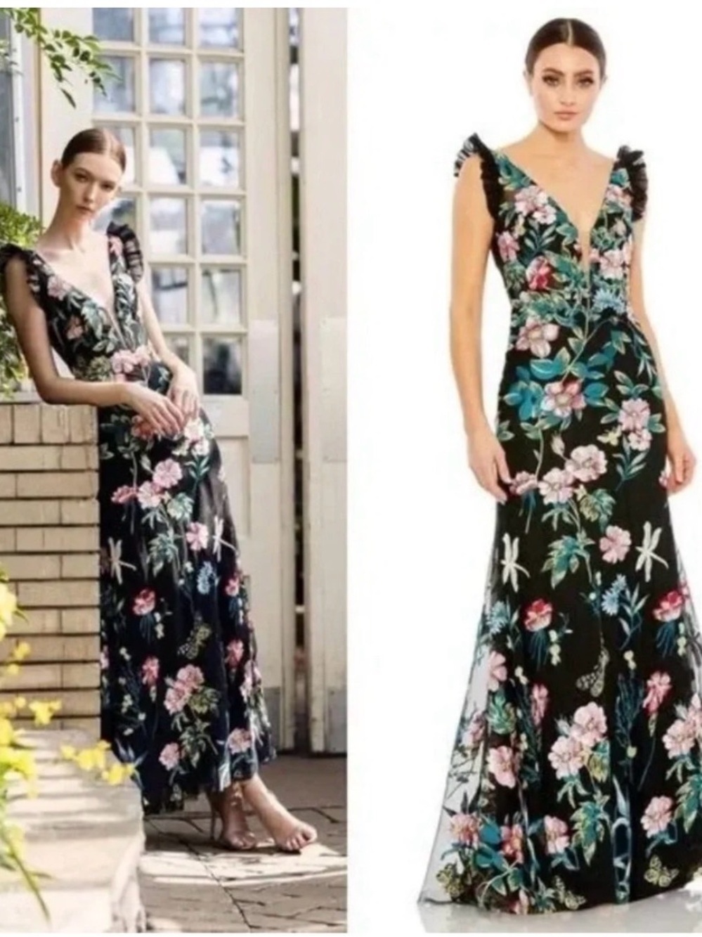 Mac Duggal Black Floral V-Neck Evening Gown with flutter sleeves size 6. NWT - Picture 3 of 15